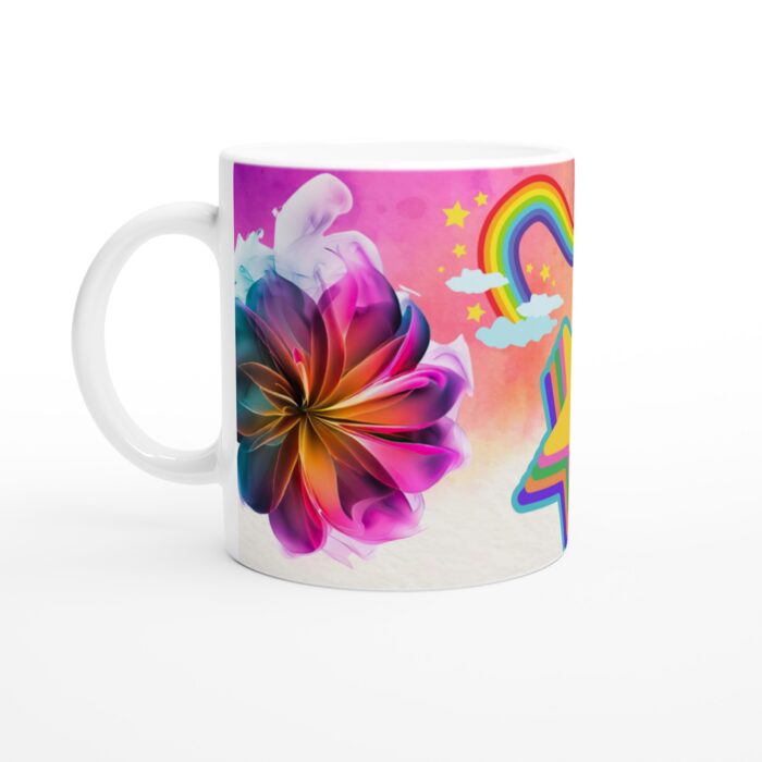 Färgexplosion – Keramisk Mugg med Regnbågsstjärnor och Abstrakta Blommor – Livfulla färger, 11 oz