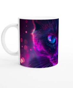 Neonkatt Magi: Vit 11oz Keramisk Mugg – Hypnotisk Design i Lysande Lila och Blått
