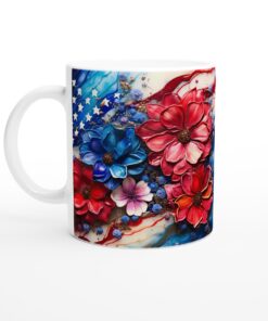 Abstrakt Blommig Keramisk Mugg – Vardagsfavoriten med Vibrerande Röda och Blå Detaljer