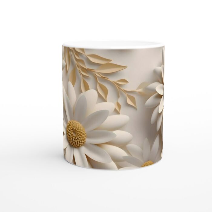 Minimalistisk Vit Keramisk Mugg med Guldig Blomdesign – Enkel Skönhet för Varje Dryck