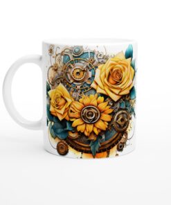 Steampunk Blomster Keramisk Mugg – Unik Design med Gyllene Rosor & Kugghjul