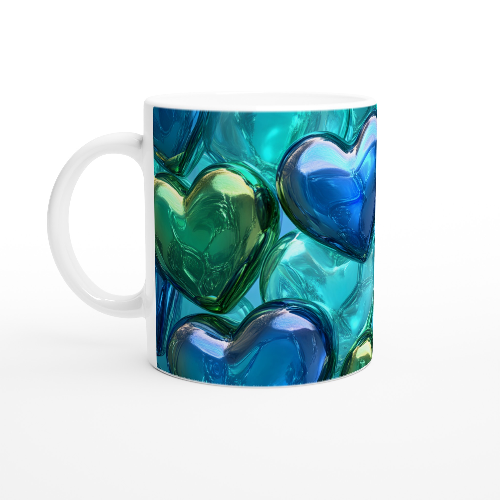 Kärlekens skimrande hjärtan: Keramisk Mugg med blågröna toner
