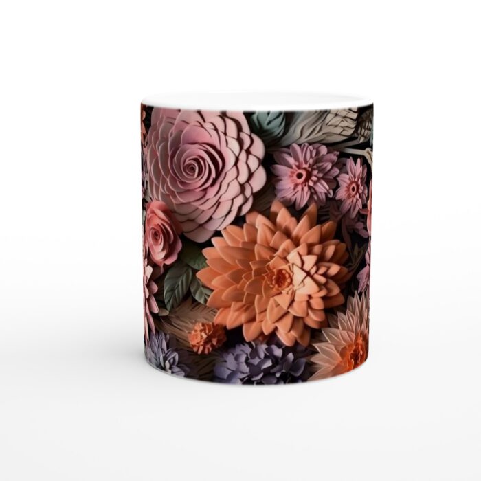 Blomstrande Keramikmugg i Pudriga Nyanser – 11oz Vit Kaffemugg med Konstnärlig Floral Design