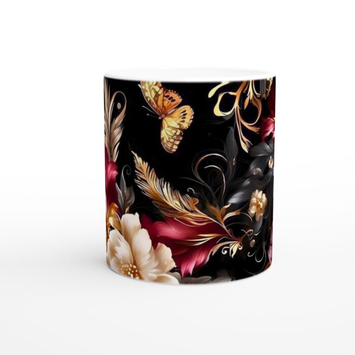 Lyxig Floral Konst Mugg - Blommor & Fjärilar i Guld & Bourgogne - 11oz Keramisk Kaffemugg