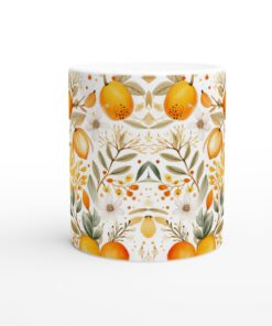 Citrusblom: Vit 11oz Keramisk Mugg med Akvarellmotiv av Apelsiner & Blommor