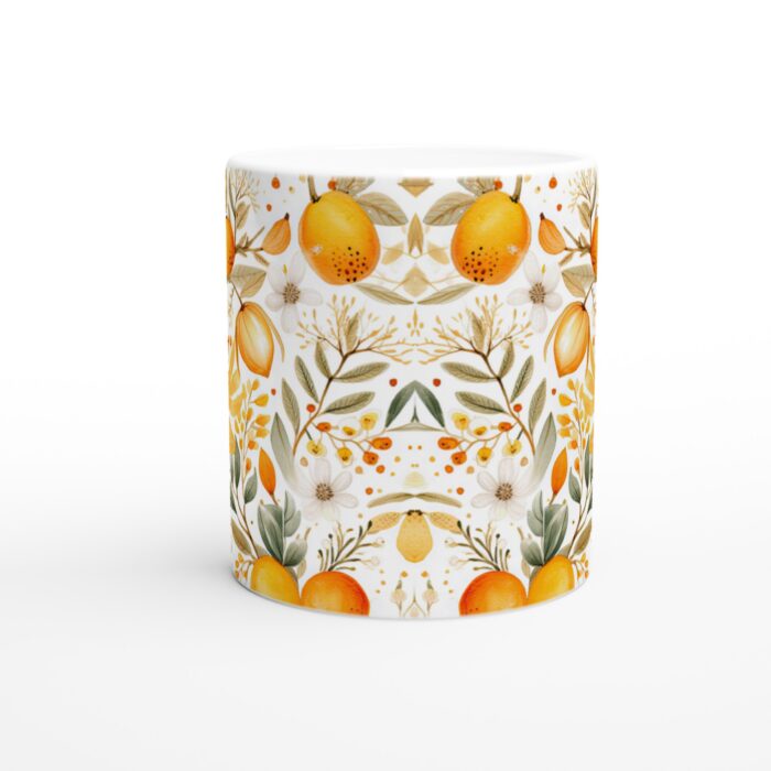 Citrusblom: Vit 11oz Keramisk Mugg med Akvarellmotiv av Apelsiner & Blommor