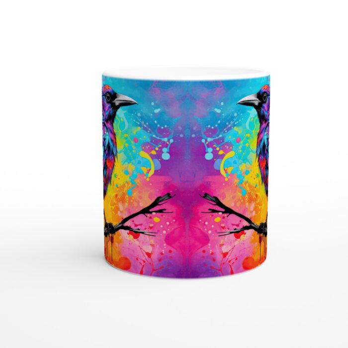 Färgsprakande Korpmugg - Unik Keramisk Kaffemugg med Konstfullt Tryck, 11 oz