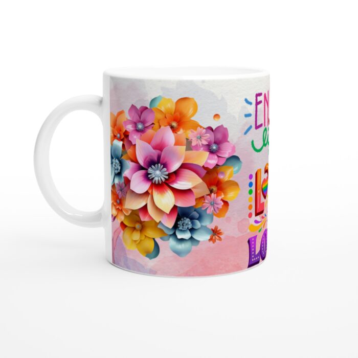 Mugg "Love is Love" – Färgstark Keramisk Mugg med Blommor & Positiva Budskap