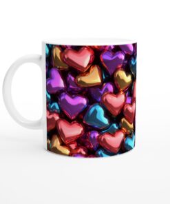 Kärleksmugg: Vit 11oz Keramisk Mugg med Glänsande Hjärtan – Perfekt för att Sprida Glädje