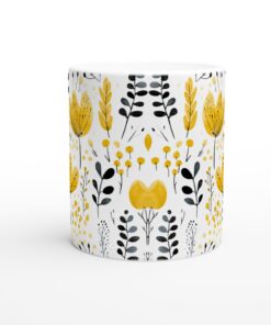 Gul & Svart Blommig Keramisk Mugg - 11oz Vit Kvalitetsmugg med Handmålad Design