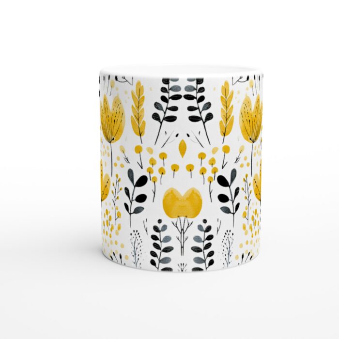 Gul & Svart Blommig Keramisk Mugg - 11oz Vit Kvalitetsmugg med Handmålad Design