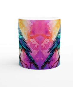 Färgsprakande Fågelmugg – Konstnärlig Vit 11oz Keramisk Mugg med Vibranta Akvarellfåglar