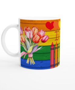 Färgstark Inspirationsmugg: Regnbågens Färger & Tulpaner – Keramisk Favoritmugg för Kreativa Själar