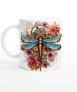Steampunk Dragonfly – Keramisk mugg med intrikata kugghjul och blommor – vardagsfavoriten för alla tillfällen