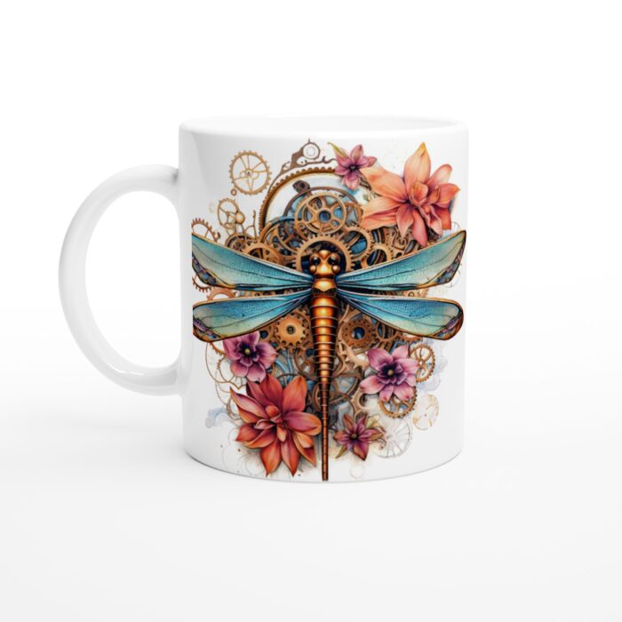 Steampunk Dragonfly – Keramisk mugg med intrikata kugghjul och blommor – vardagsfavoriten för alla tillfällen