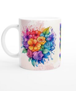 Keramisk Mugg – "LOVE" i Regnbågens Färger & Akvarellblommor