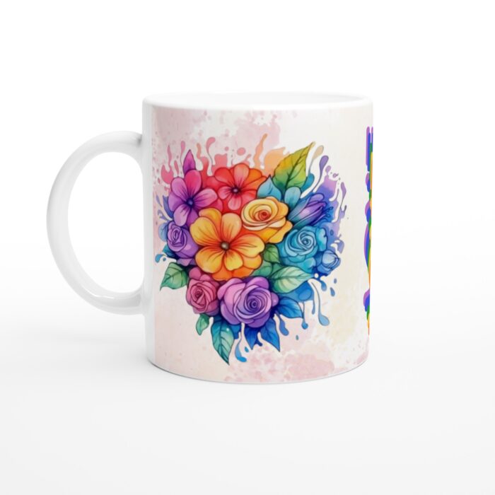 Keramisk Mugg – "LOVE" i Regnbågens Färger & Akvarellblommor