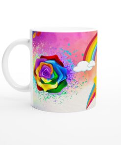 Färgexplosion – Keramisk Mugg med Regnbågsrosor & Peppande Budskap