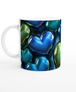 Kärlekens Blågröna Nyanser: Vit 11oz Keramisk Mugg med Glänsande Hjärtan