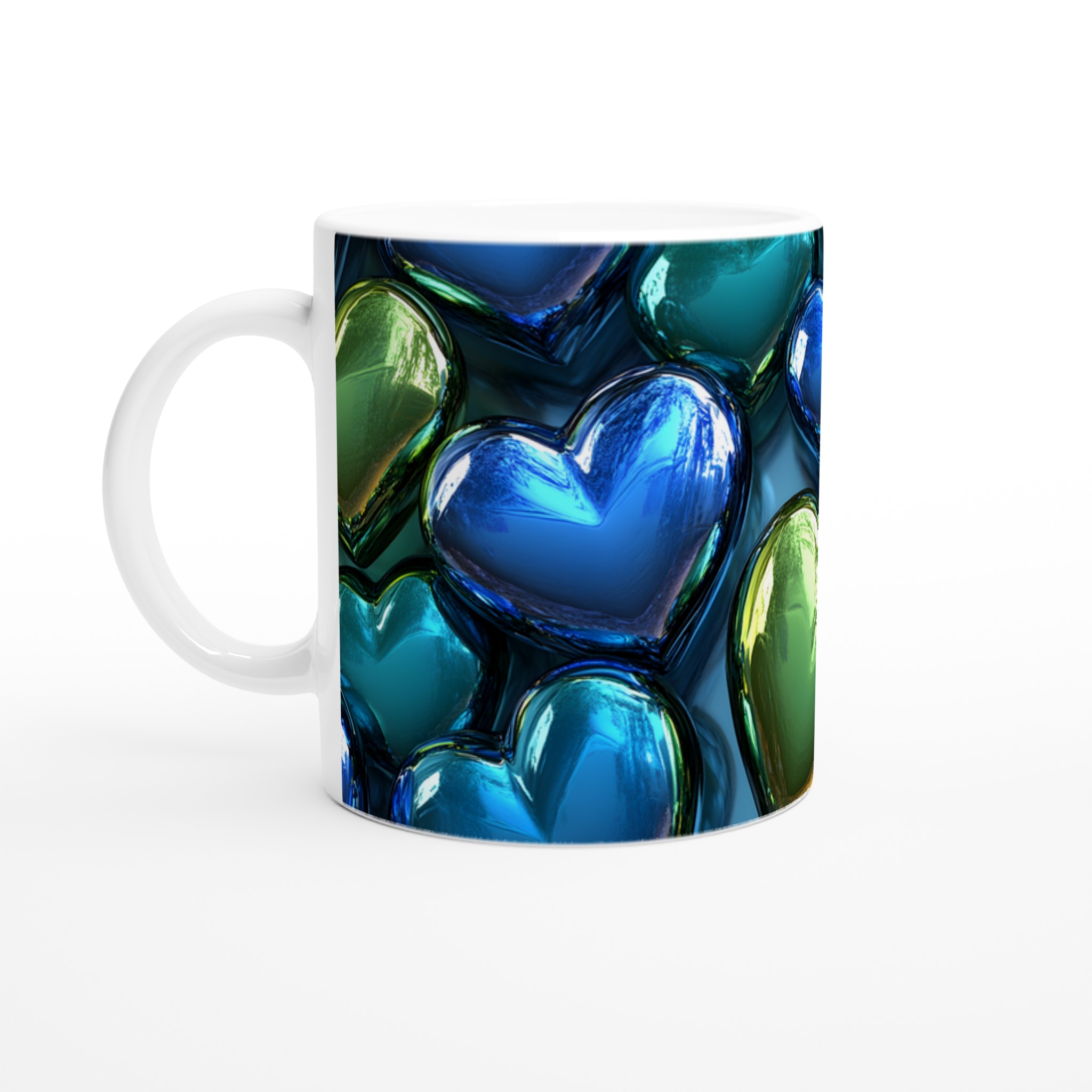 Kärlekens Blågröna Nyanser: Vit 11oz Keramisk Mugg med Glänsande Hjärtan