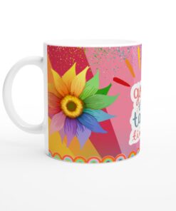 Keramisk mugg – “Good Things Take Time” med färgstarka blommor