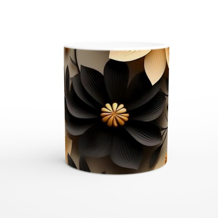 Abstrakta Blommor 11oz Keramisk Mugg – Svart, Orange & Guld Design för Konstälskare