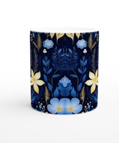 Nattblå Blomsterdröm – 11oz Keramisk Mugg med Gulddetaljer för en Lyxig Fikastund