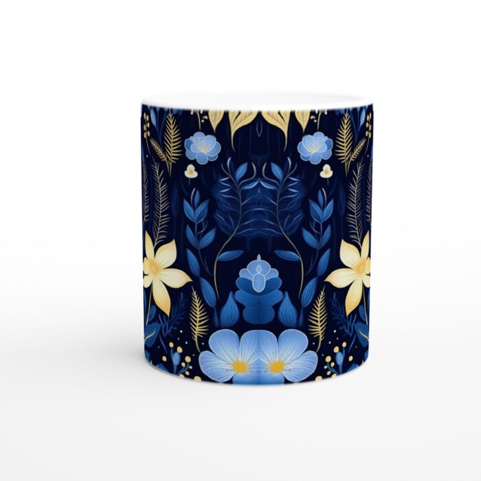 Nattblå Blomsterdröm – 11oz Keramisk Mugg med Gulddetaljer för en Lyxig Fikastund
