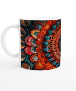 Mystisk Mandala Mugg – 11 oz keramisk mugg med intrikata mönster i djup orange och teal