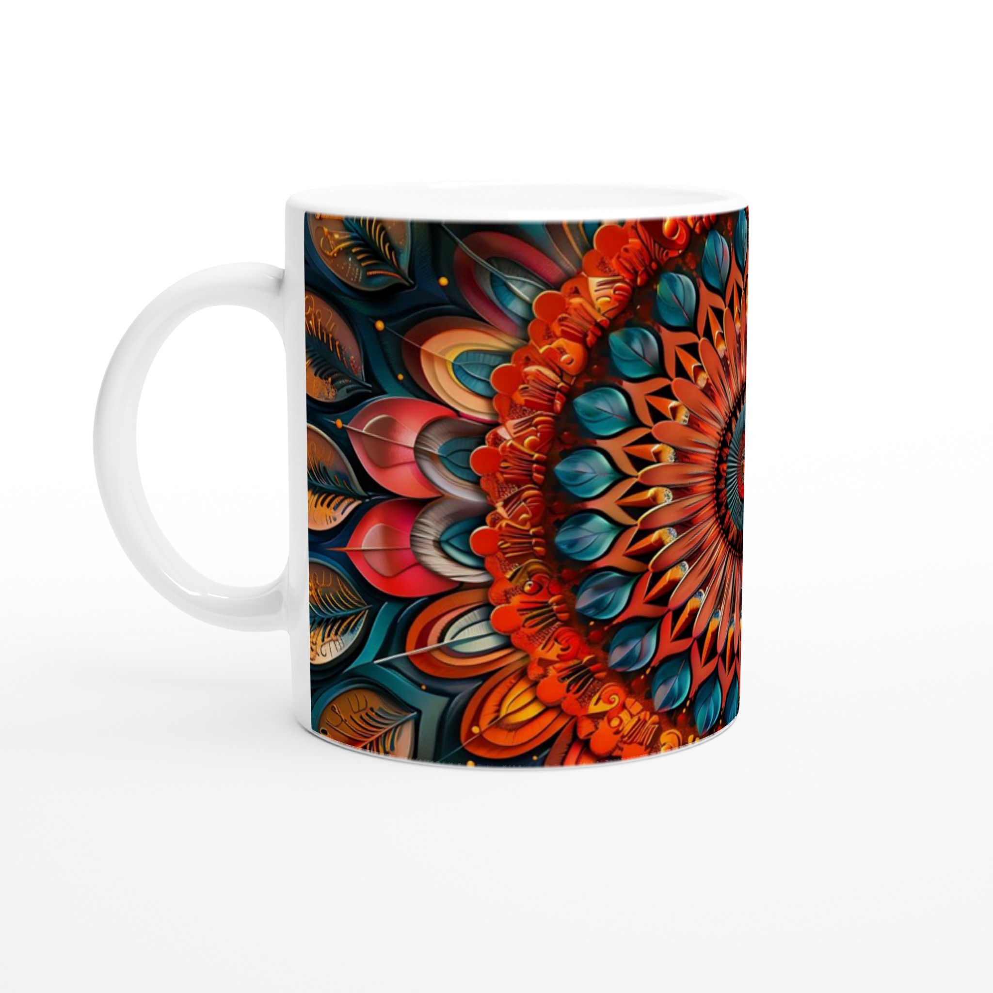 Mystisk Mandala Mugg – 11 oz keramisk mugg med intrikata mönster i djup orange och teal