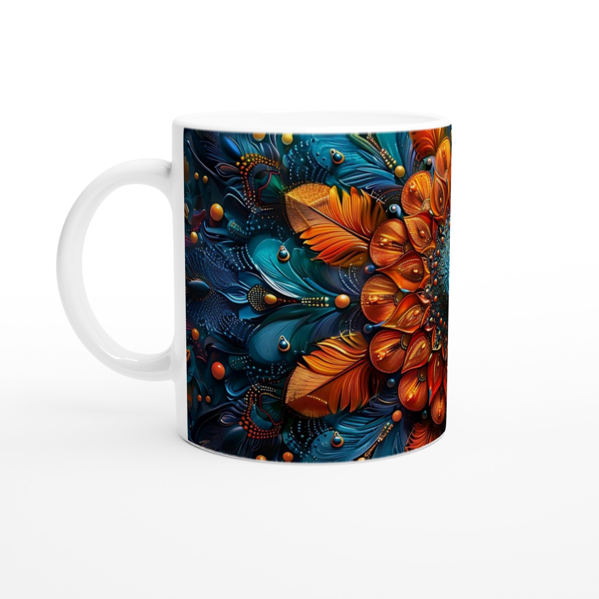 Mugg "Exotisk Fågelfenix" – Strålande Fjädrar i Koppar & Turkos – 11 oz Keramisk Mugg