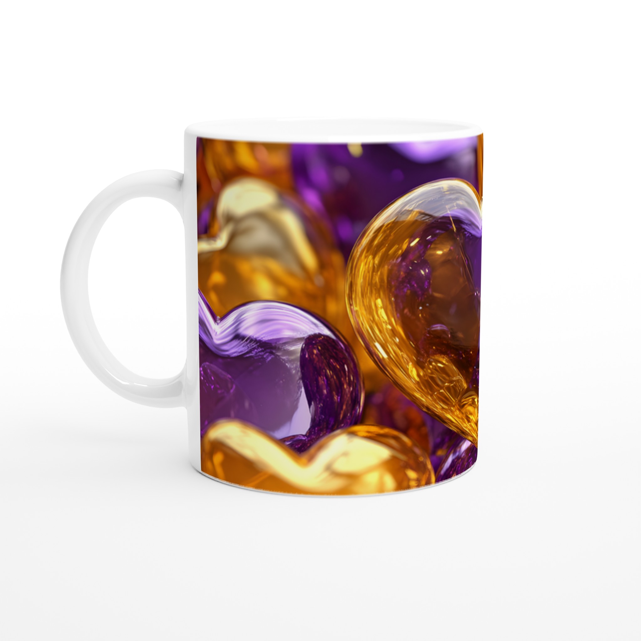 Mugg "Guld & Lila Hjärta" - Keramisk Kaffemugg 11 oz med Glänsande Metallisk Design