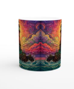 Psykedelisk Fyr Keramisk Mugg - Livfulla Vågor & Magisk Solnedgång, 11oz