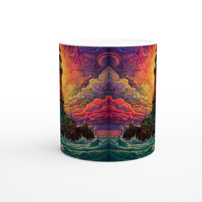 Psykedelisk Fyr Keramisk Mugg - Livfulla Vågor & Magisk Solnedgång, 11oz