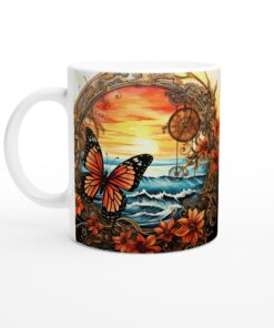 Keramisk mugg med fjärilar och solnedgång – din konstnärliga vardagsfavorit