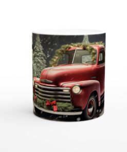 Nostalgisk Vinterresa Vit 11oz Keramisk Mugg - Julig Red Truck Design