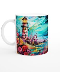 Mugg i akvarellstil – En Fyr vid Havet med Levande Blommor, En Konstnärlig Vardagsfavorit