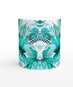 Tropisk Akvarell Keramikmugg - 11oz, Levande Blå och Turkos Lövdesign