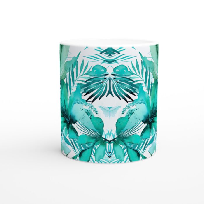 Tropisk Akvarell Keramikmugg - 11oz, Levande Blå och Turkos Lövdesign