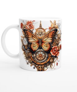 Steampunk Fjäril Keramisk Mugg – Unik Design med Vintage Gears och Rosor