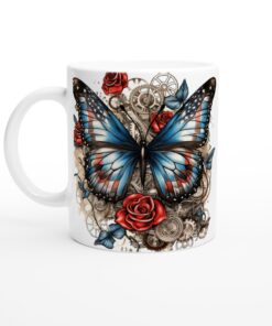 Steampunk Fjäril Keramisk Mugg – Unik design med rosor & kugghjul för din vardagsfika