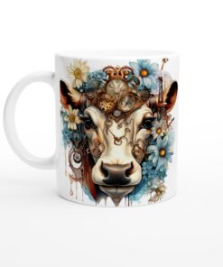 Steampunk-ko Keramisk Mugg – Unik Design med Blommor & Urverk