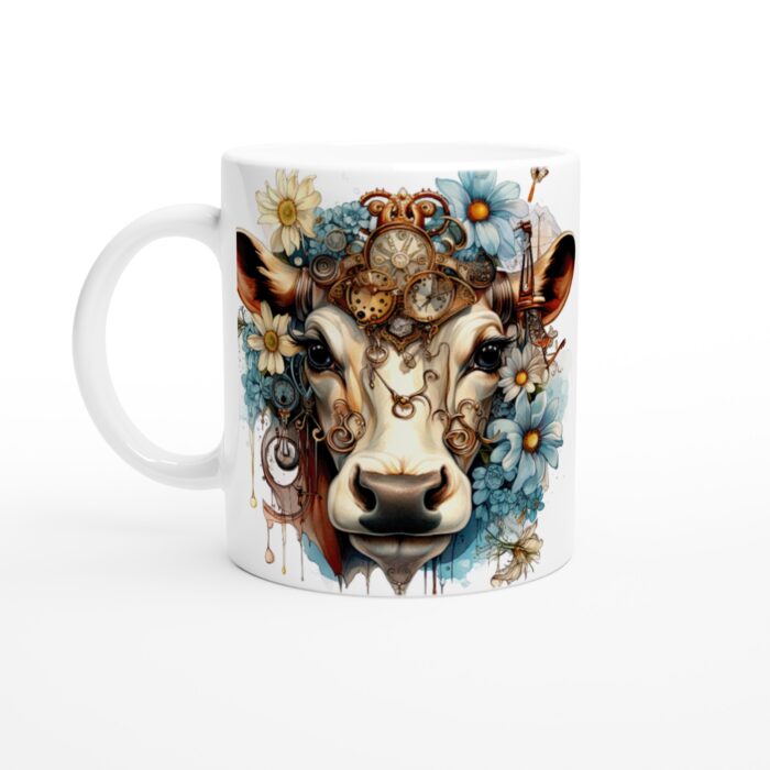 Steampunk-ko Keramisk Mugg – Unik Design med Blommor & Urverk