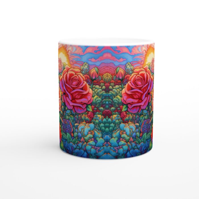 Psykedelisk Rosenträdgård Keramisk Mugg - 11oz Vit Premiumkopp med Färgstarkt Tryck, Perfekt Present