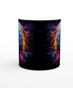 Mugg "Neon Heron" i Keramik – Konstnärlig Kaffekopp med Färgsprakande Fåglar och Akvarellsplash