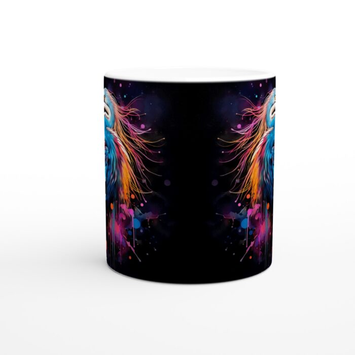 Mugg "Neon Heron" i Keramik – Konstnärlig Kaffekopp med Färgsprakande Fåglar och Akvarellsplash