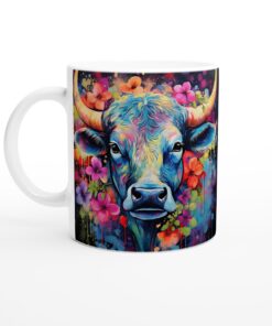 Färgexplosion: Konstnärlig Tjurens Porträtt Keramisk Mugg – En Unik Vardagsfavorit