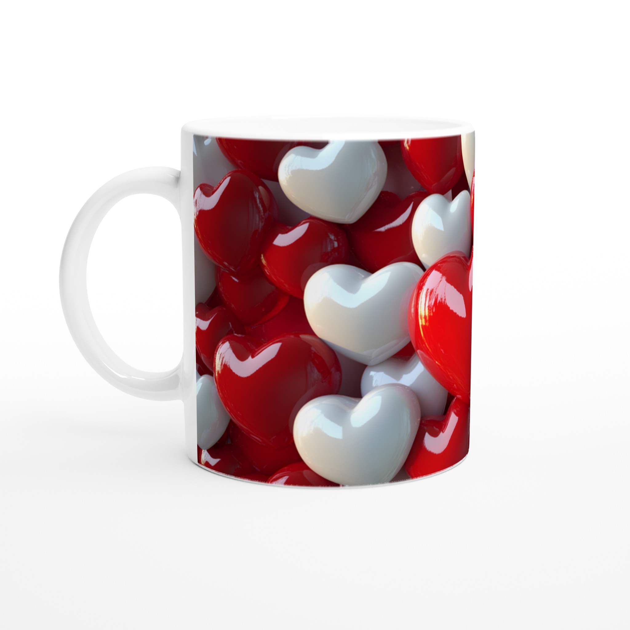 Kärleksfull Design: Vit 11oz Keramisk Mugg med Röda och Vita Hjärtan