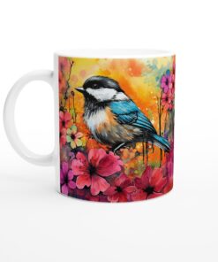 Keramisk Mugg – Färgglad Fågel & Akvarellblommor – En Konstnärlig Vardagsfavorit