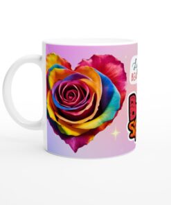Färgexplosion – Keramisk mugg med regnbågsrosor och peppande budskap